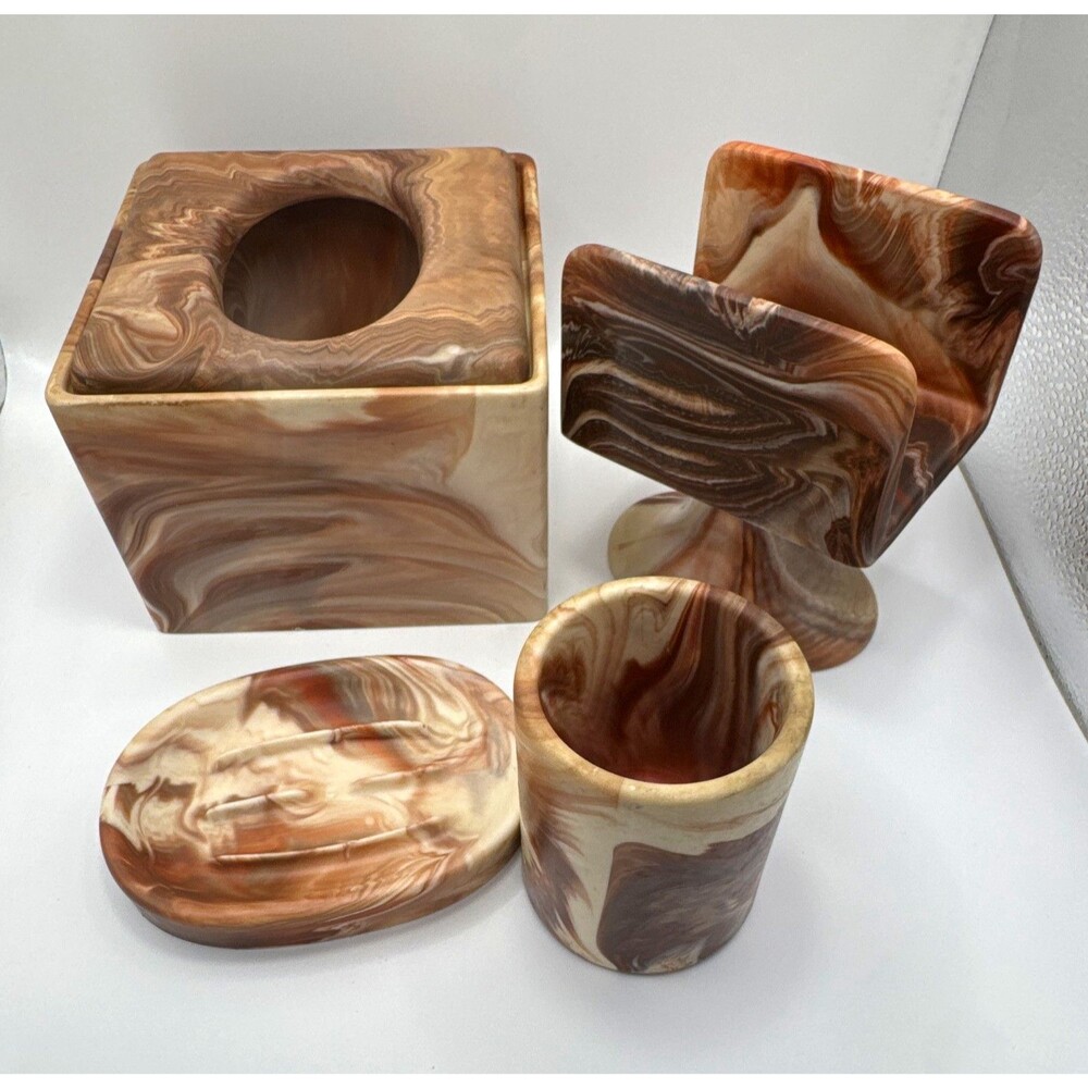 Vintage CaddiePacific 4pc Faux Marble Lucite Bathroom Vanity Set Brown Swirl MCM